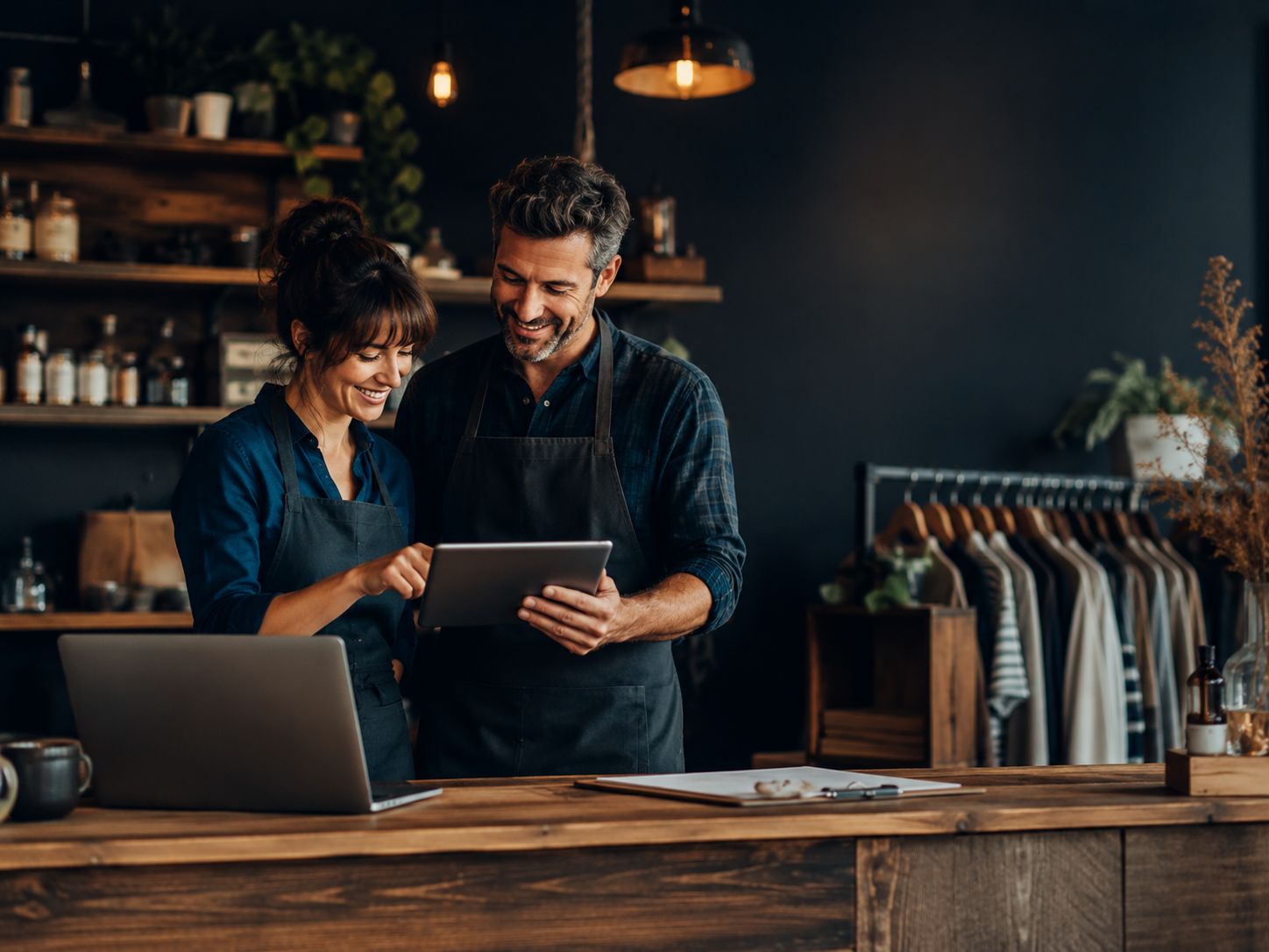 Two small business owners reviewing their business on a tablet
